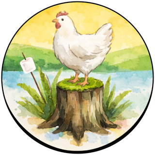 Marsh Mellow Farms hen on a stump